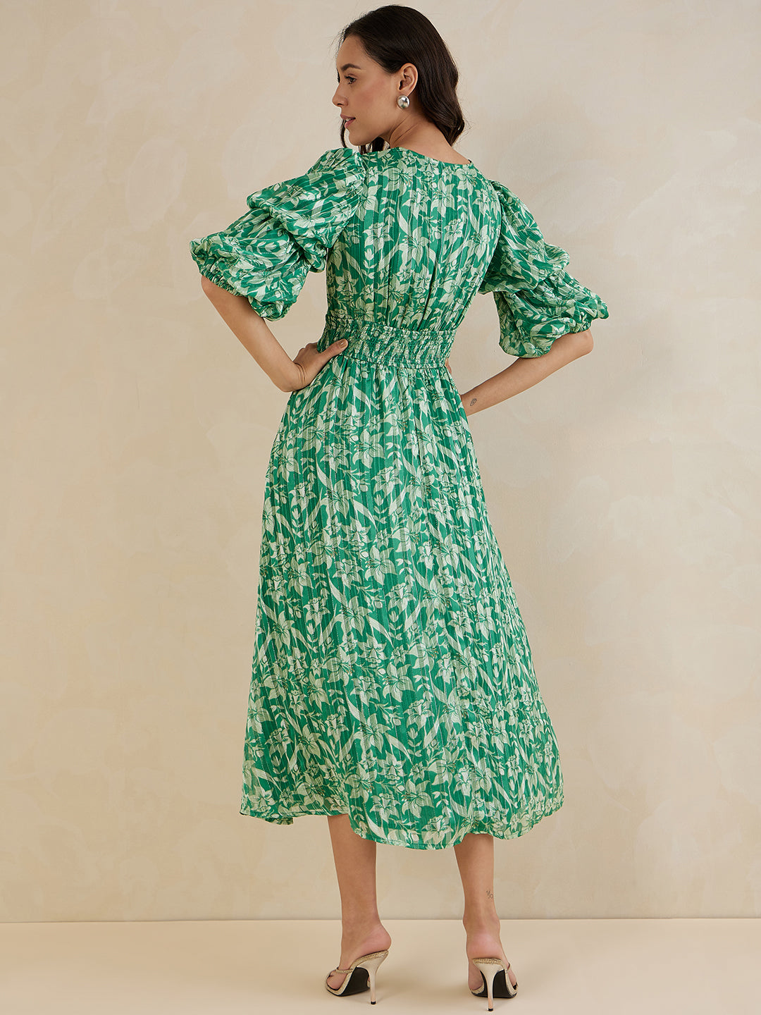 Green Floral Lurex Tiered Maxi Dress