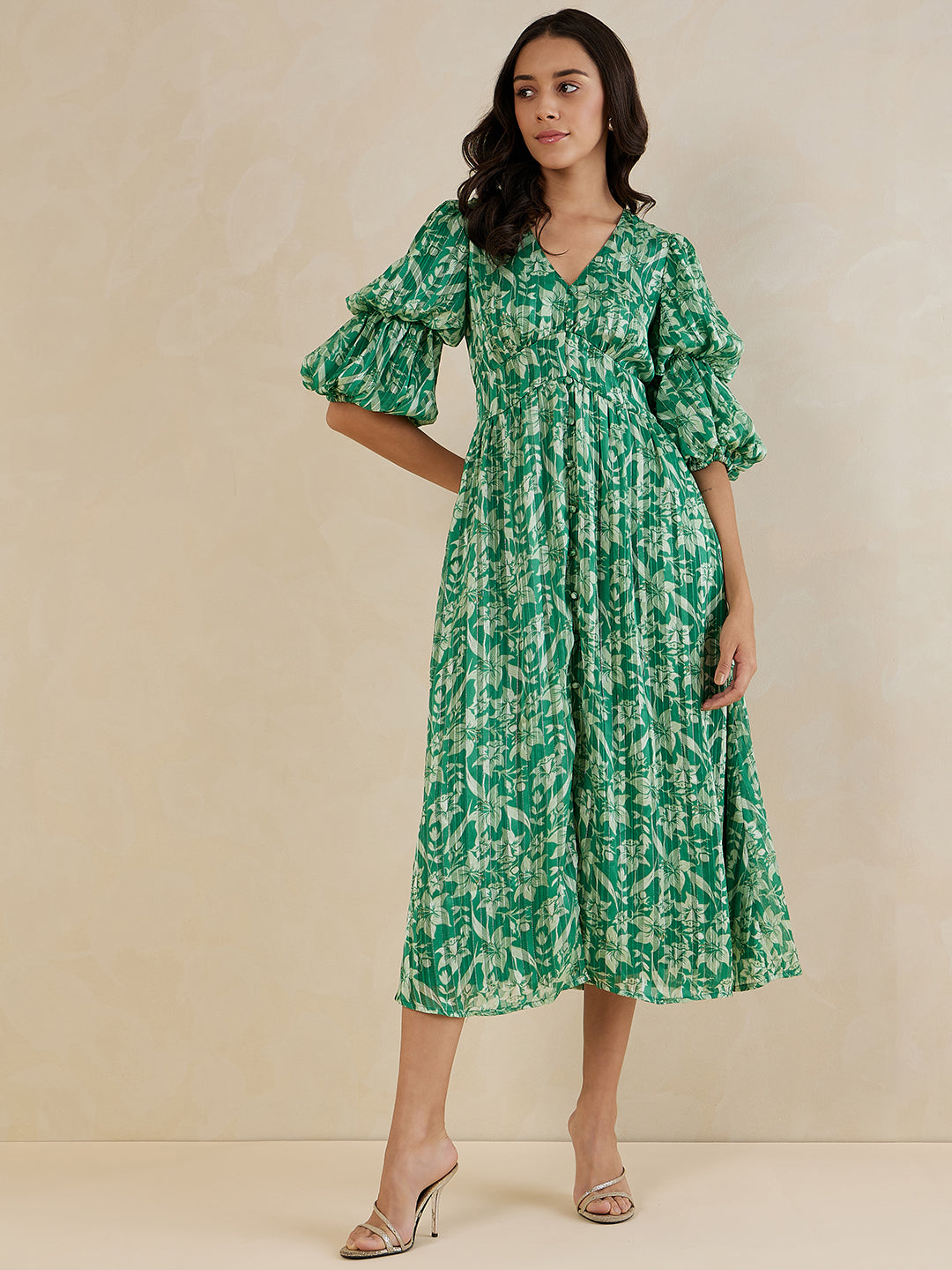 Green Floral Lurex Tiered Maxi Dress