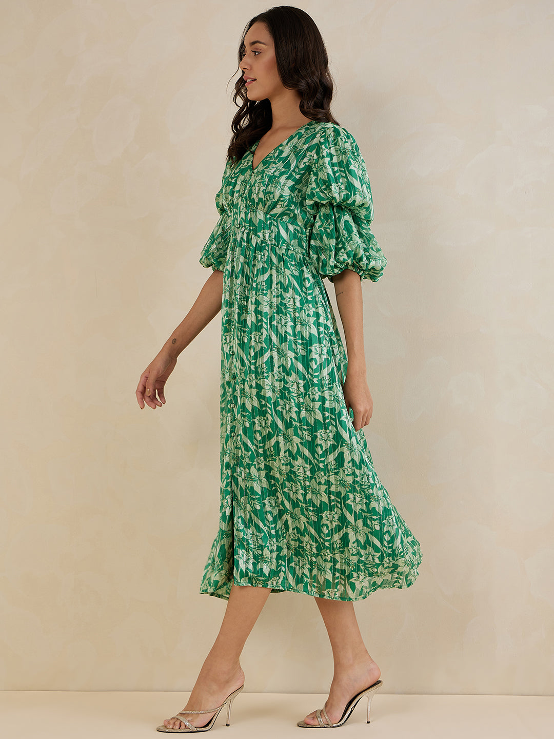 Green Floral Lurex Tiered Maxi Dress
