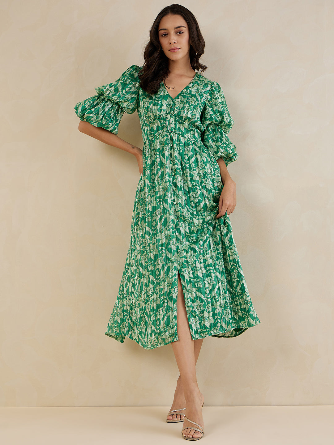 Green Floral Lurex Tiered Maxi Dress