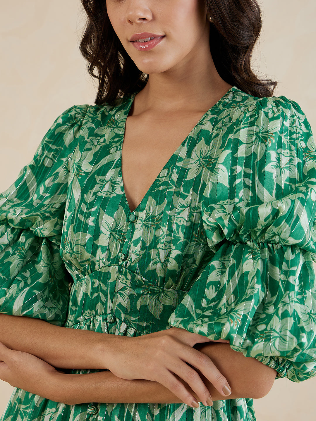 Green Floral Lurex Tiered Maxi Dress