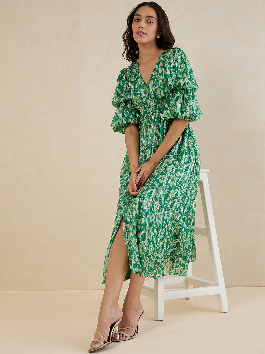 Green Floral Lurex Tiered Maxi Dress