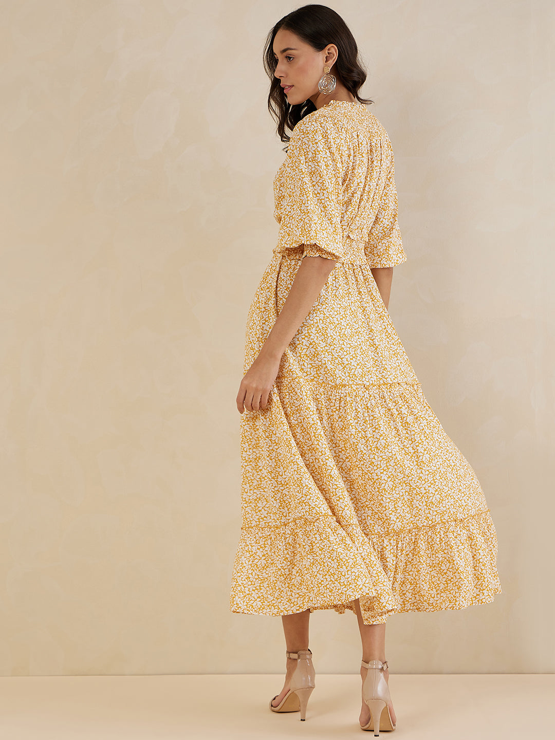 Mustard Floral Smocked Tiered Maxi Dress