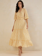 Mustard Floral Smocked Tiered Maxi Dress