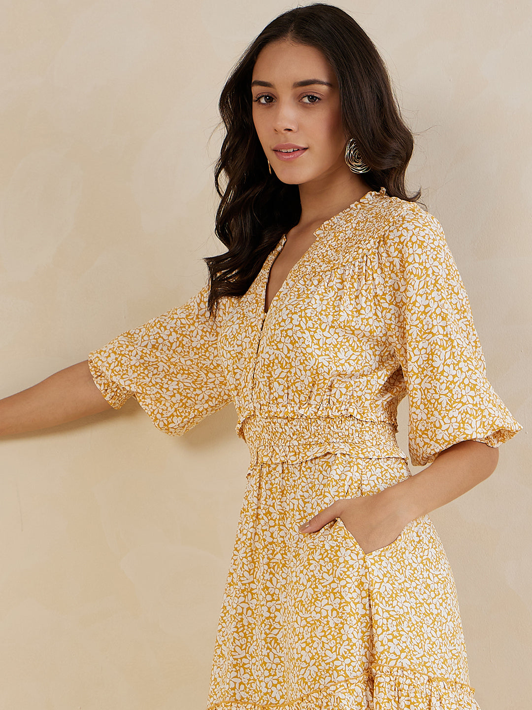Mustard Floral Smocked Tiered Maxi Dress