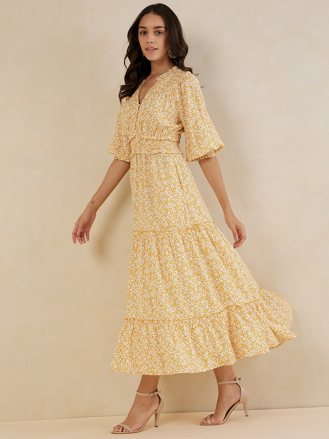Mustard Floral Smocked Tiered Maxi Dress