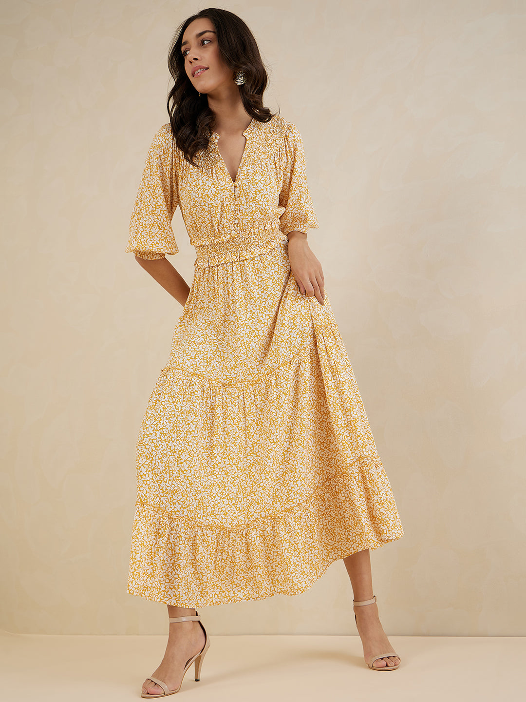 Mustard Floral Smocked Tiered Maxi Dress