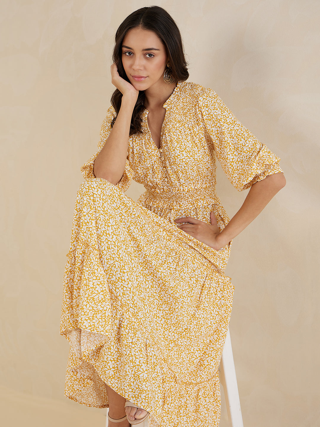Mustard Floral Smocked Tiered Maxi Dress