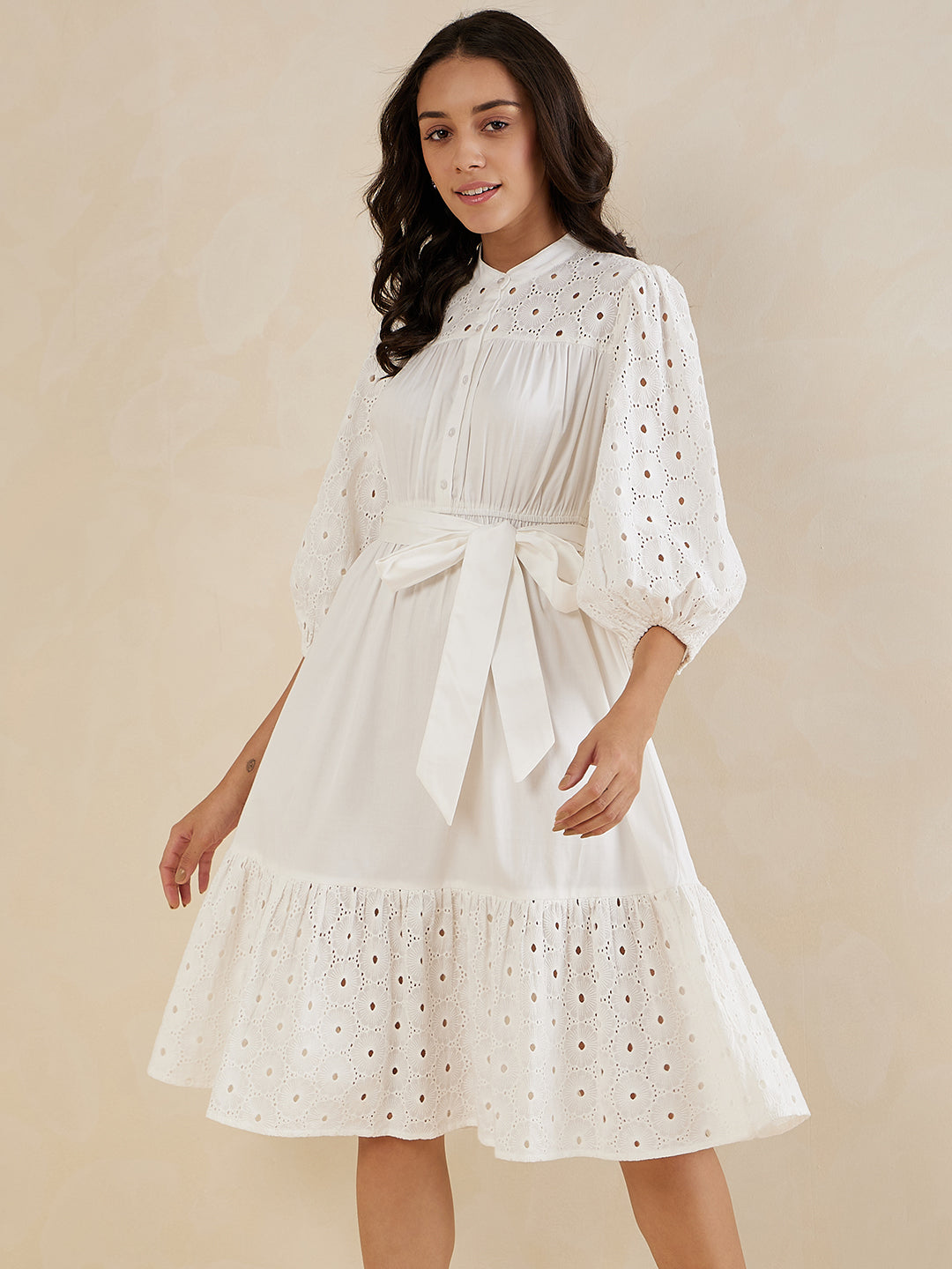 Off-White Cotton Tiered Midi Dress