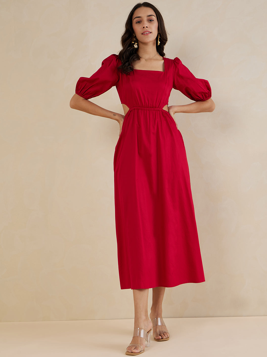 Red Cotton Cut Out Maxi Dress