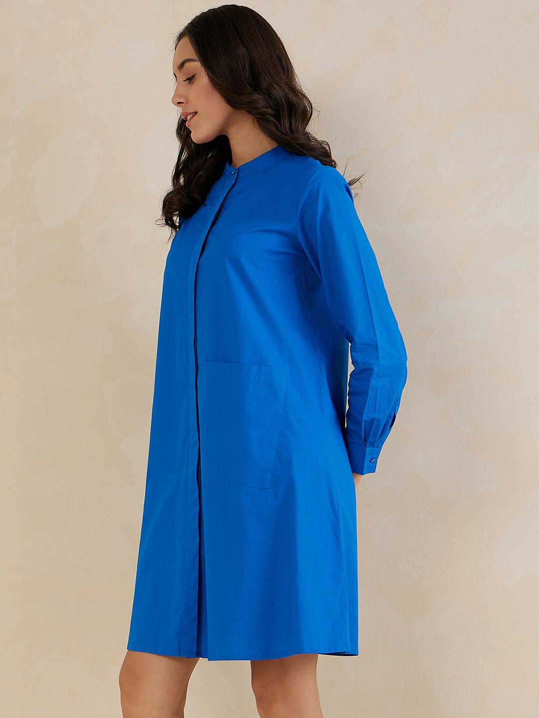 Blue Cotton Poplin Button Down Knee Length Dress