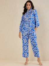 Blue Leaf Print Lace Detail Coord Set