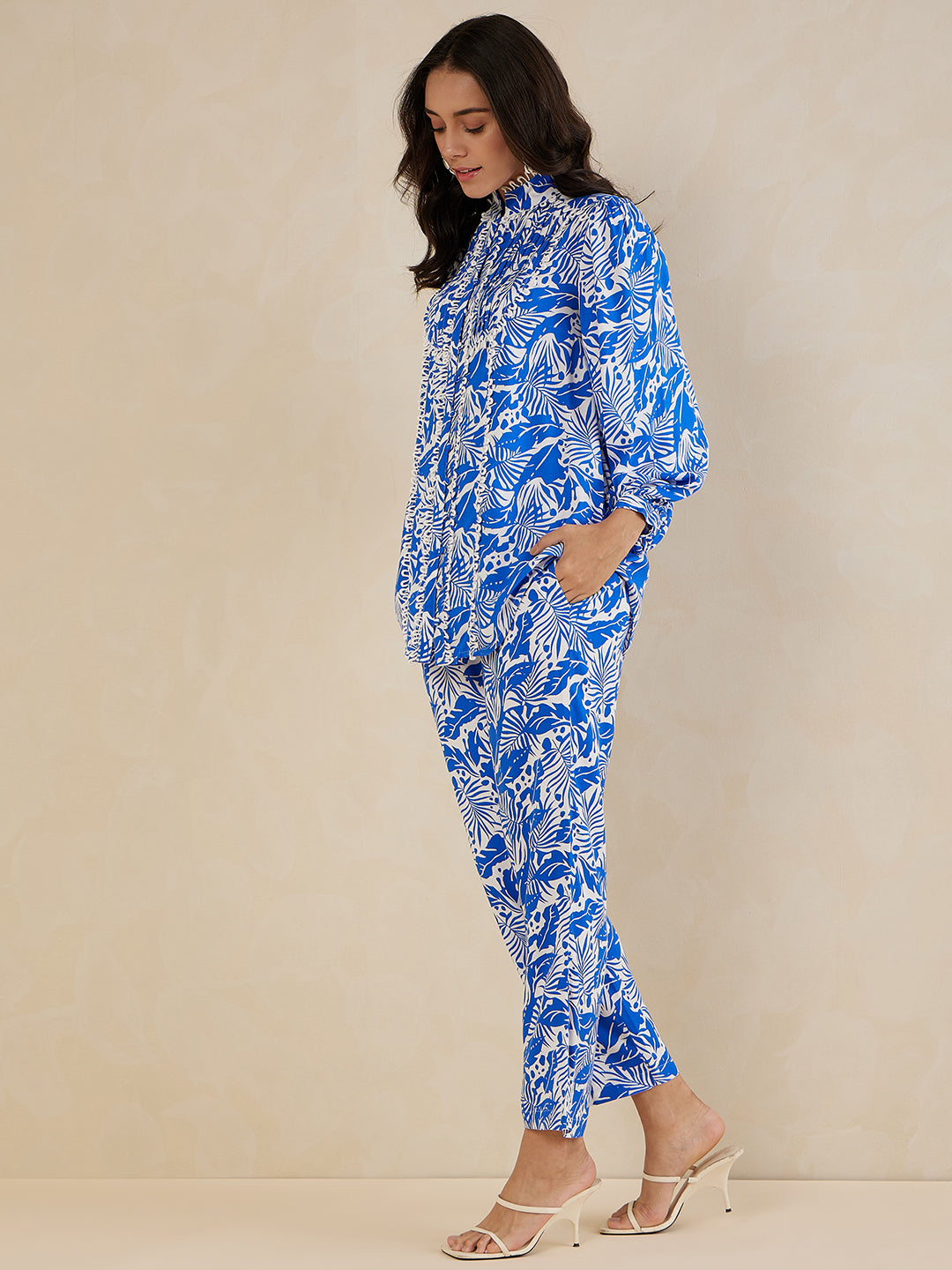 Blue Leaf Print Lace Detail Coord Set