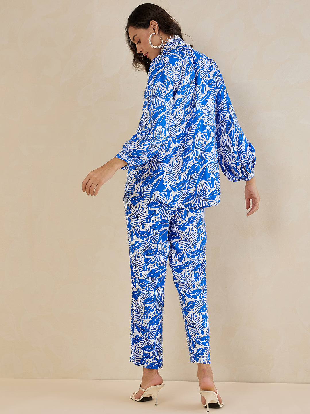 Blue Leaf Print Lace Detail Coord Set