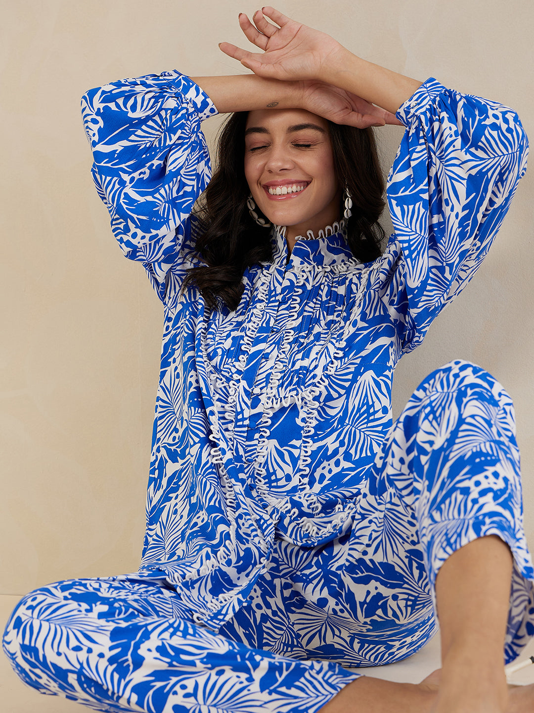 Blue Leaf Print Lace Detail Coord Set