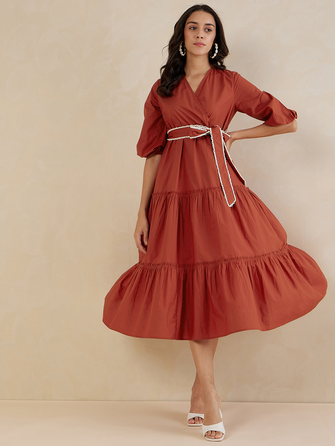 Rust Cotton Poplin Wrap Maxi Dress