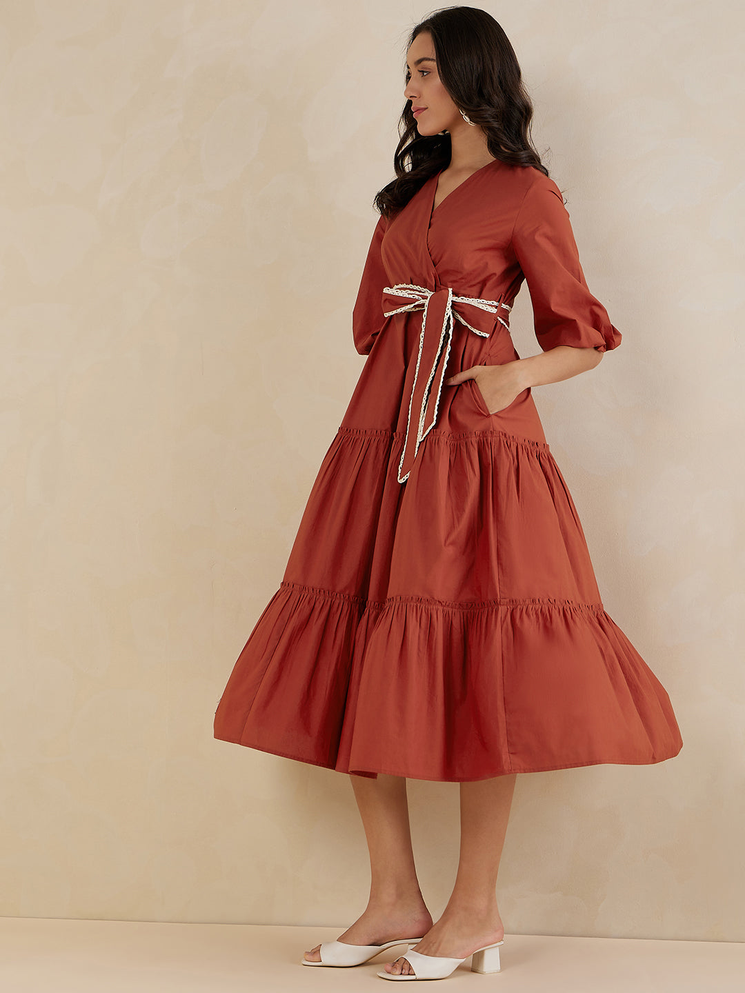 Rust Cotton Poplin Wrap Maxi Dress