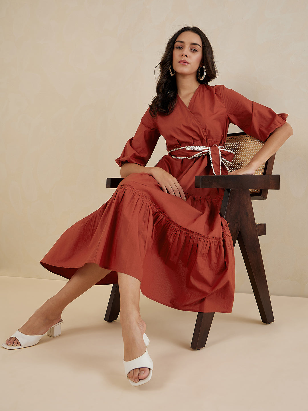 Rust Cotton Poplin Wrap Maxi Dress