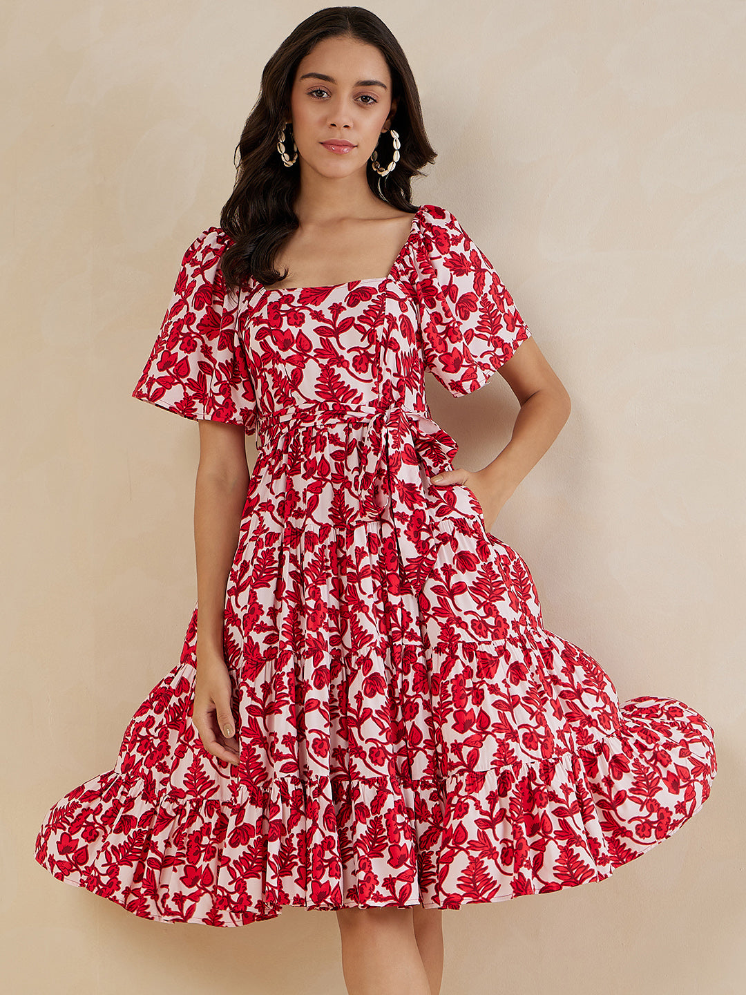 Red Floral Tiered Midi Dress