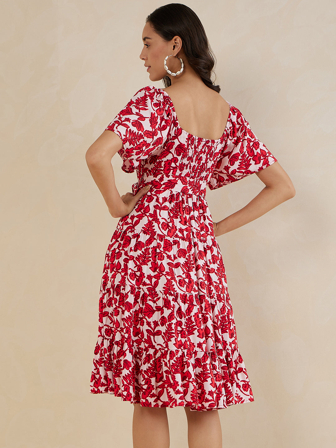 Red Floral Tiered Midi Dress