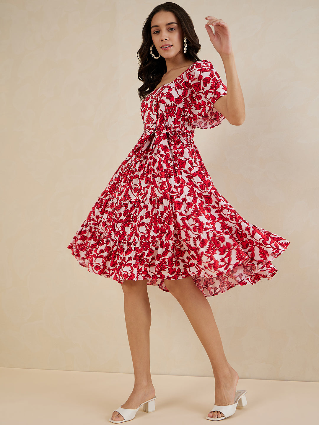 Red Floral Tiered Midi Dress
