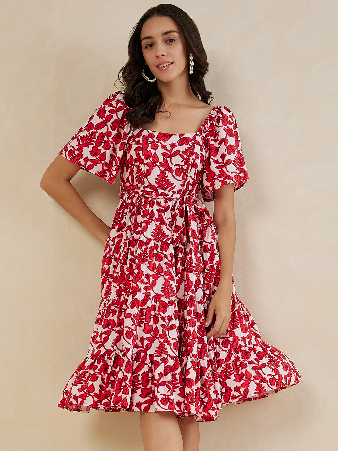 Red Floral Tiered Midi Dress