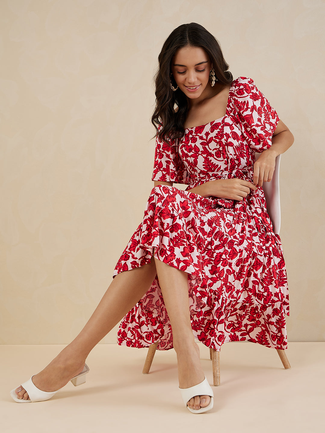 Red Floral Tiered Midi Dress