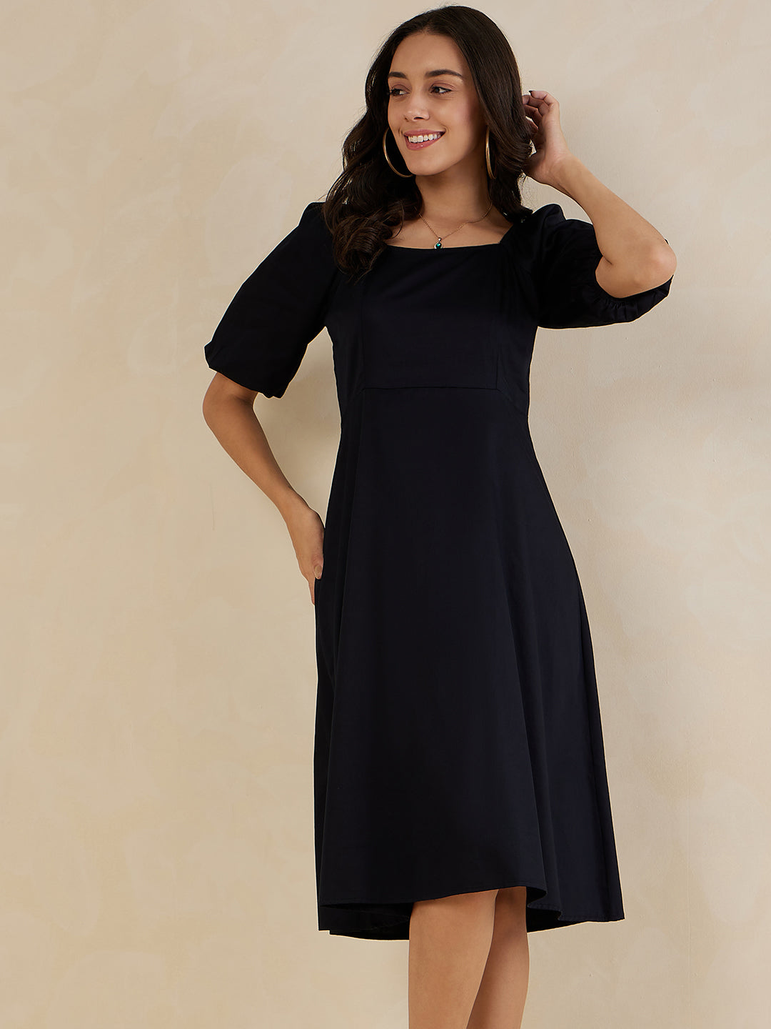 Black Cotton Bow Midi Dress