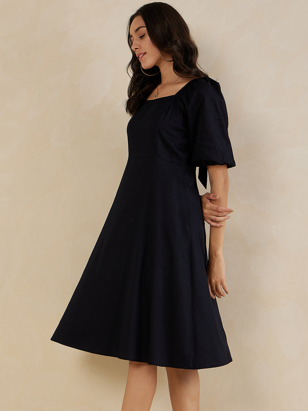 Black Cotton Bow Midi Dress