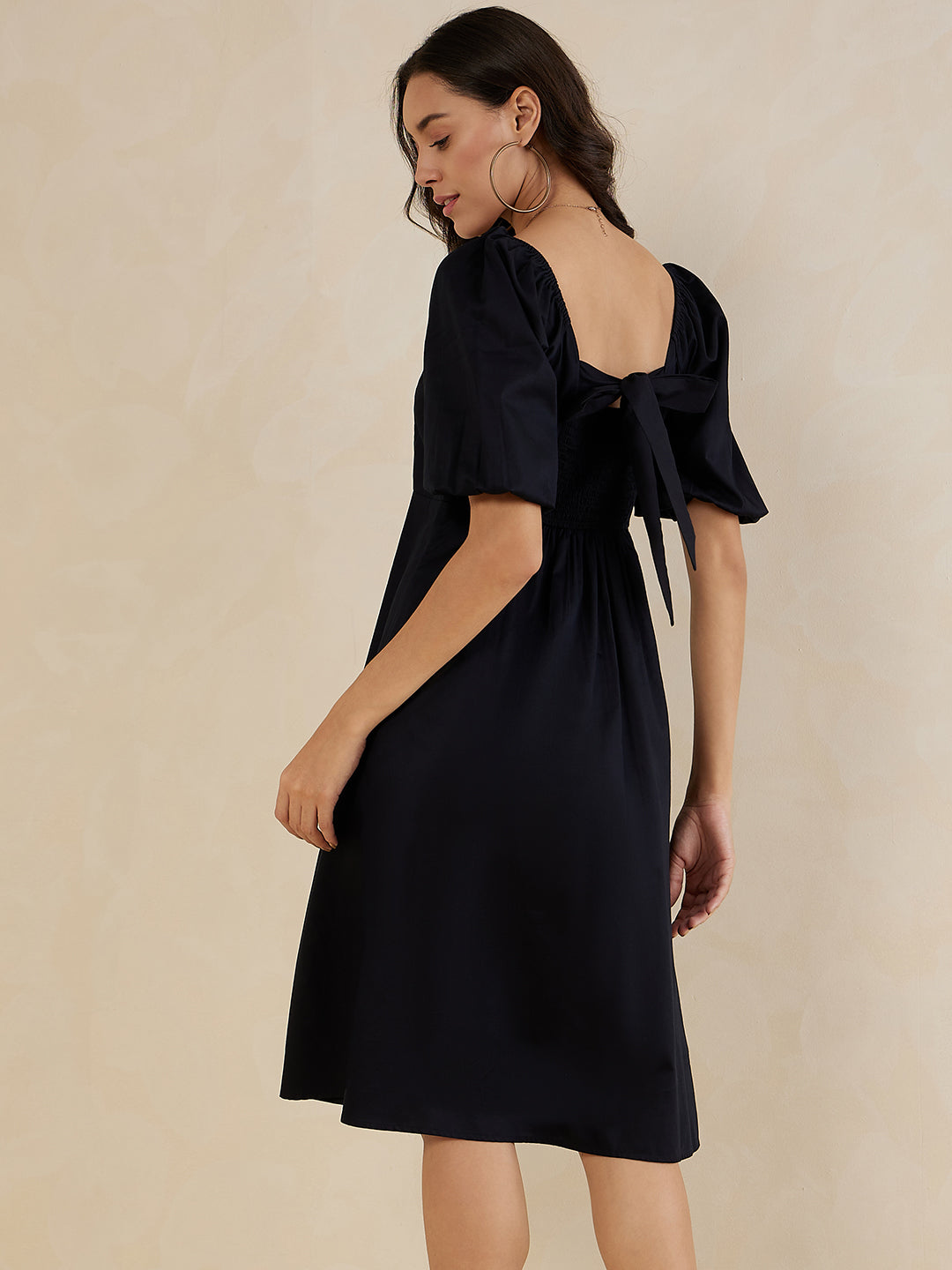 Black Cotton Bow Midi Dress
