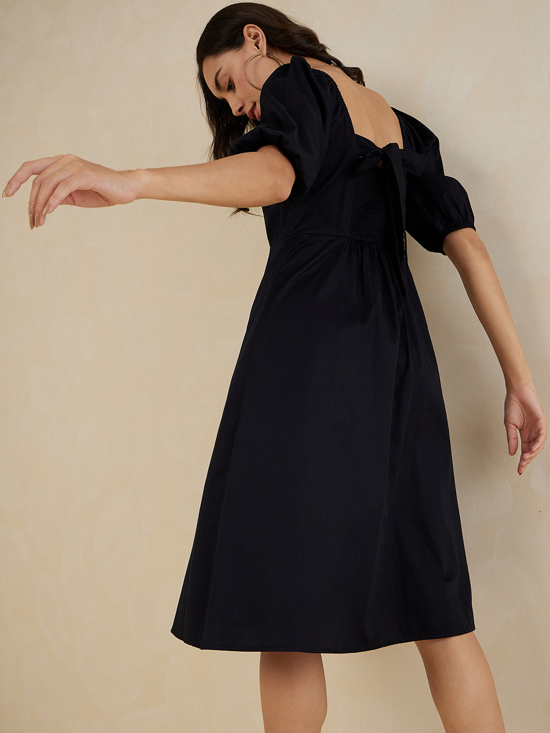 Black Cotton Bow Midi Dress