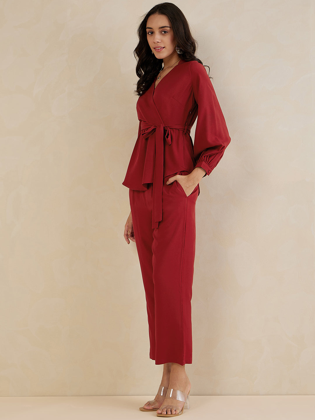 Red Solid Wrap Co-Ord Set