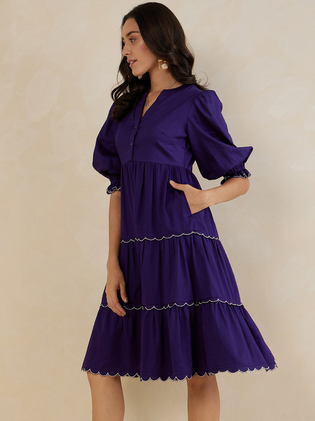 Purple Scalloped Lace Tiered Midi Dress