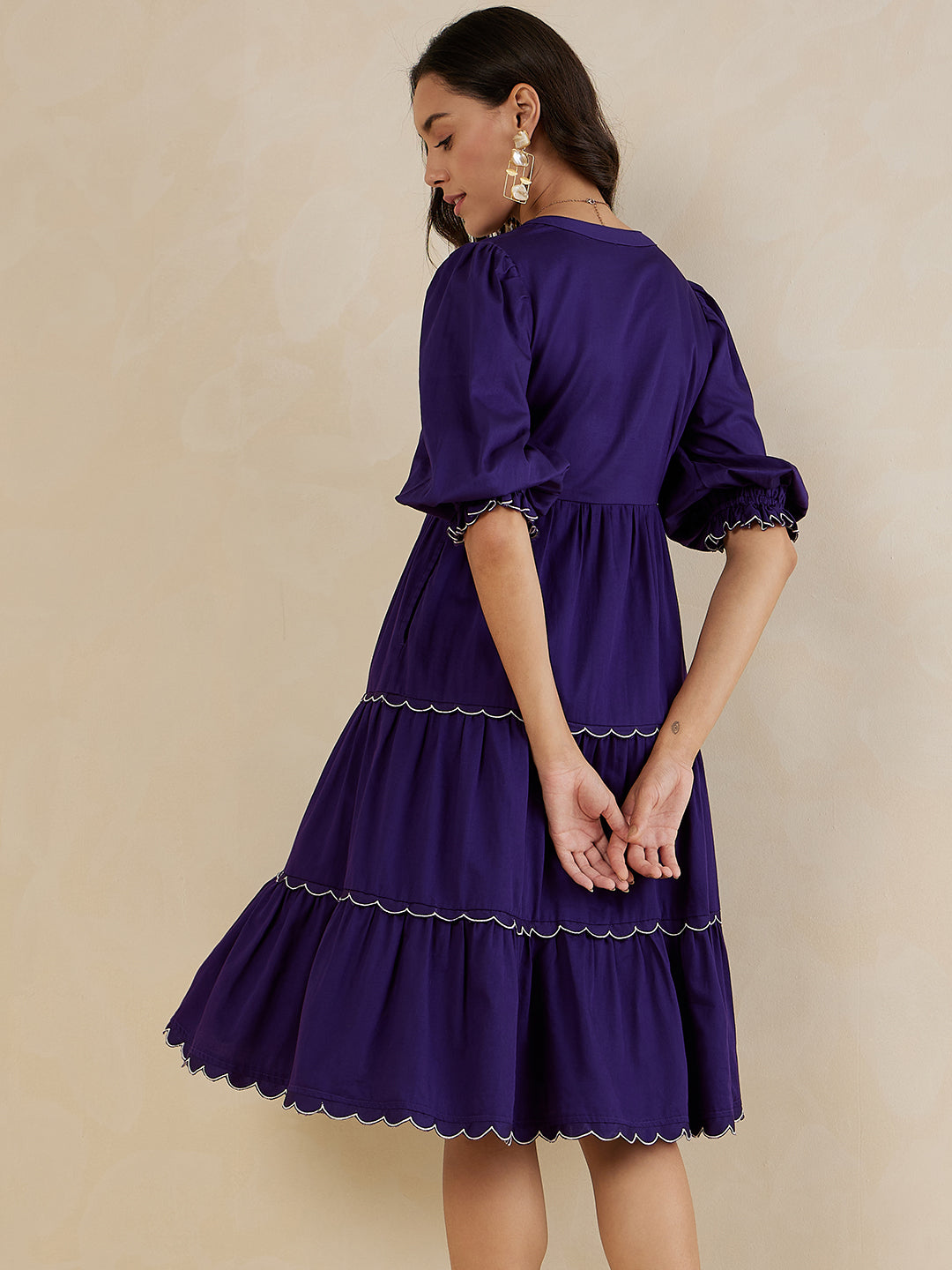 Purple Scalloped Lace Tiered Midi Dress