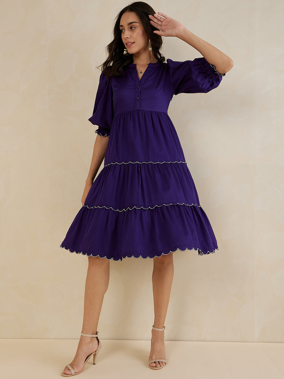Purple Scalloped Lace Tiered Midi Dress