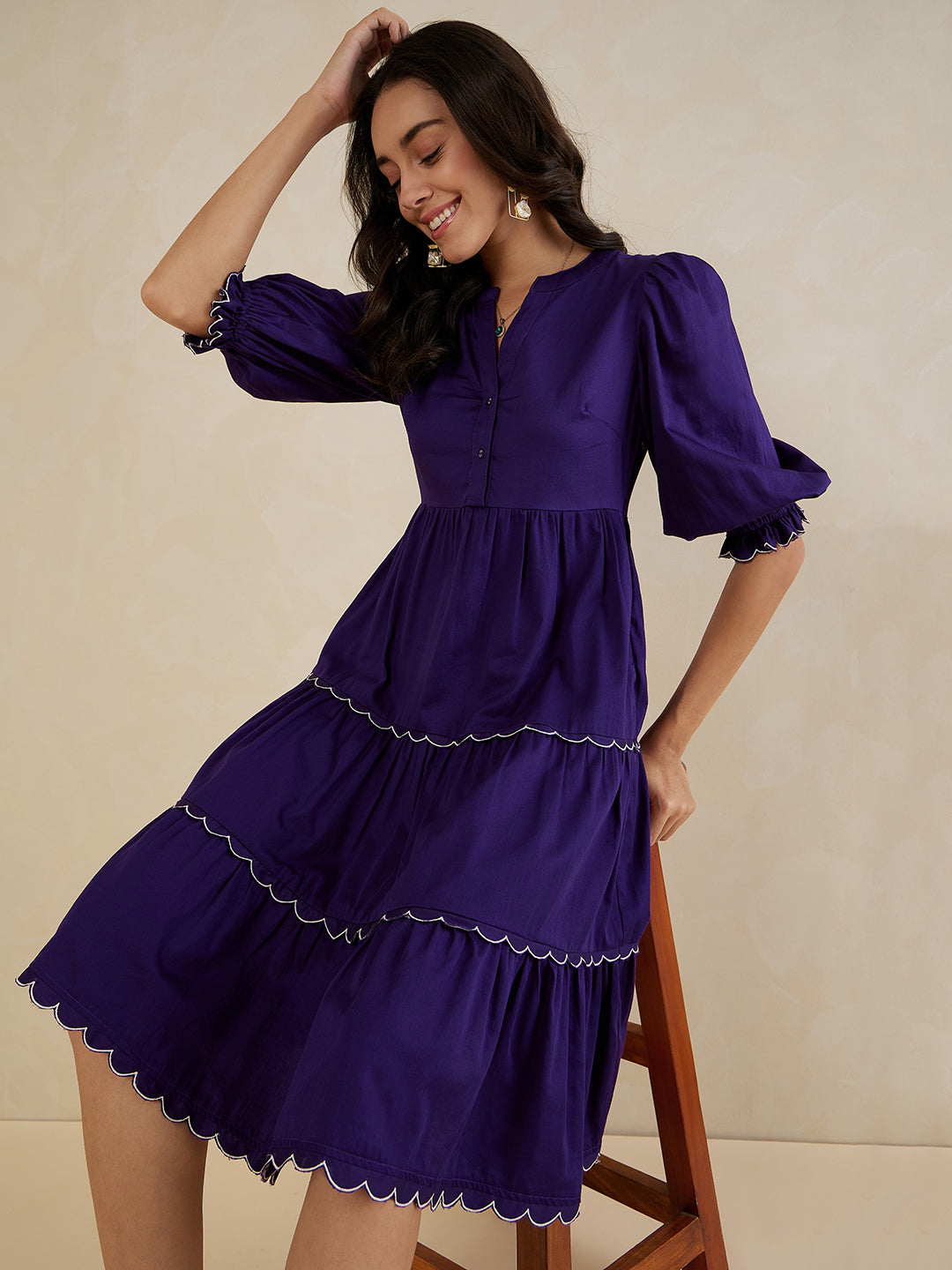 Purple Scalloped Lace Tiered Midi Dress