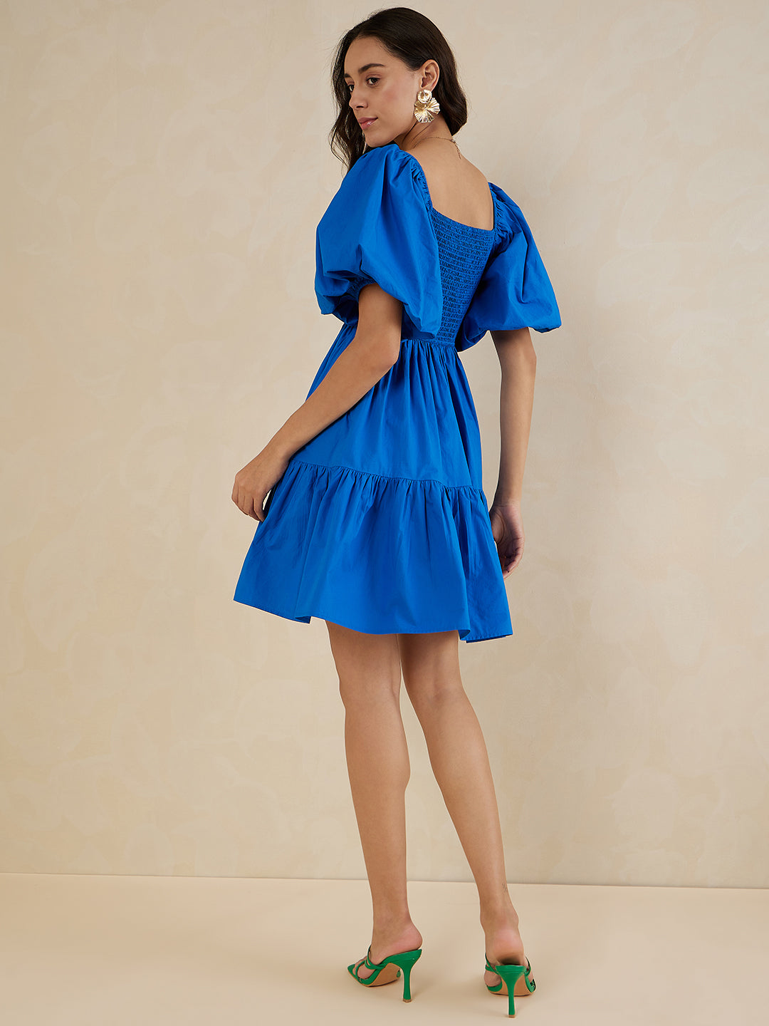 Blue Cotton Smocked Mini Tiered Dress