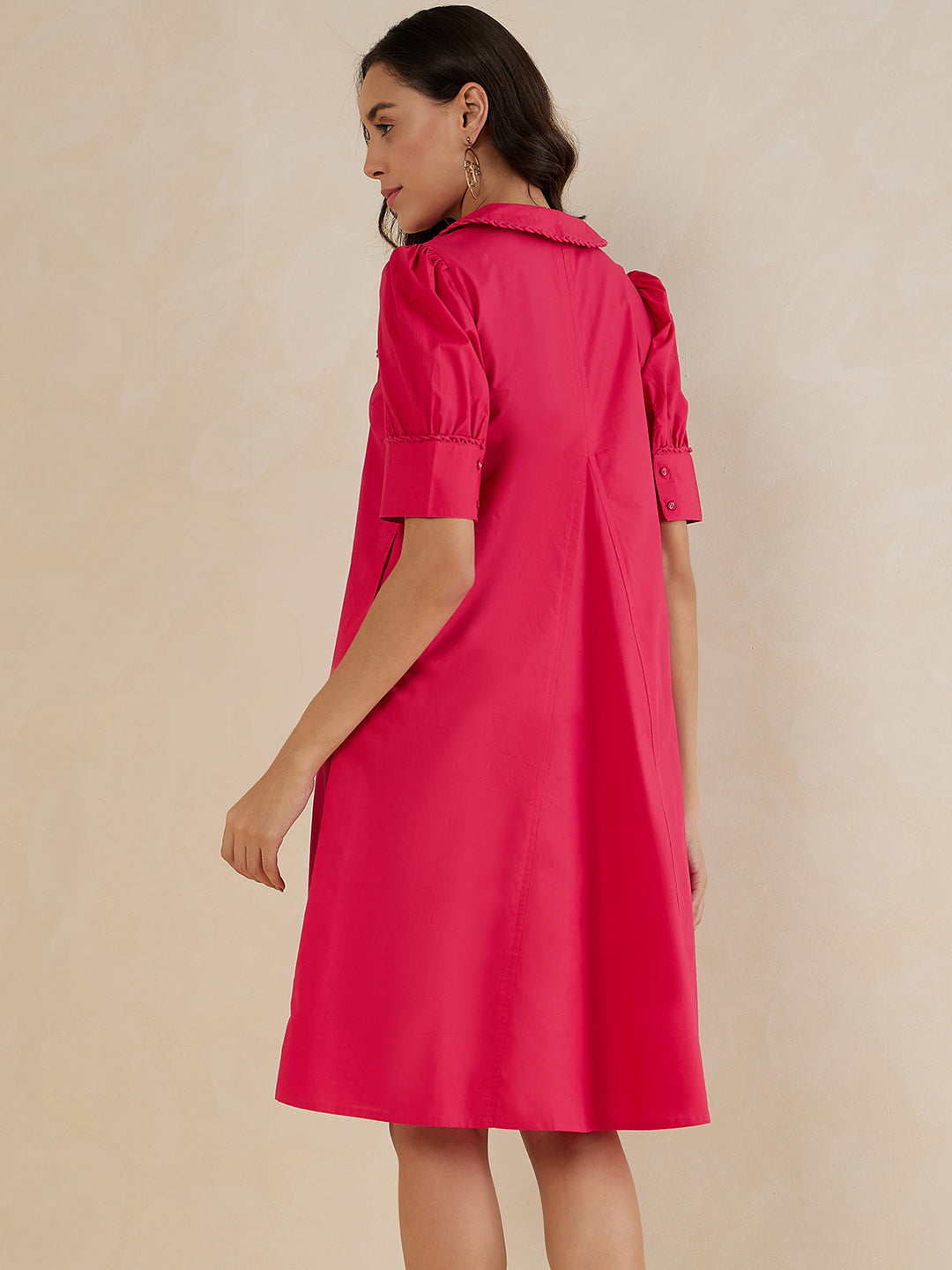 Pink Cotton Poplin V Neck Midi Dress