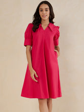 Pink Cotton Poplin V Neck Midi Dress