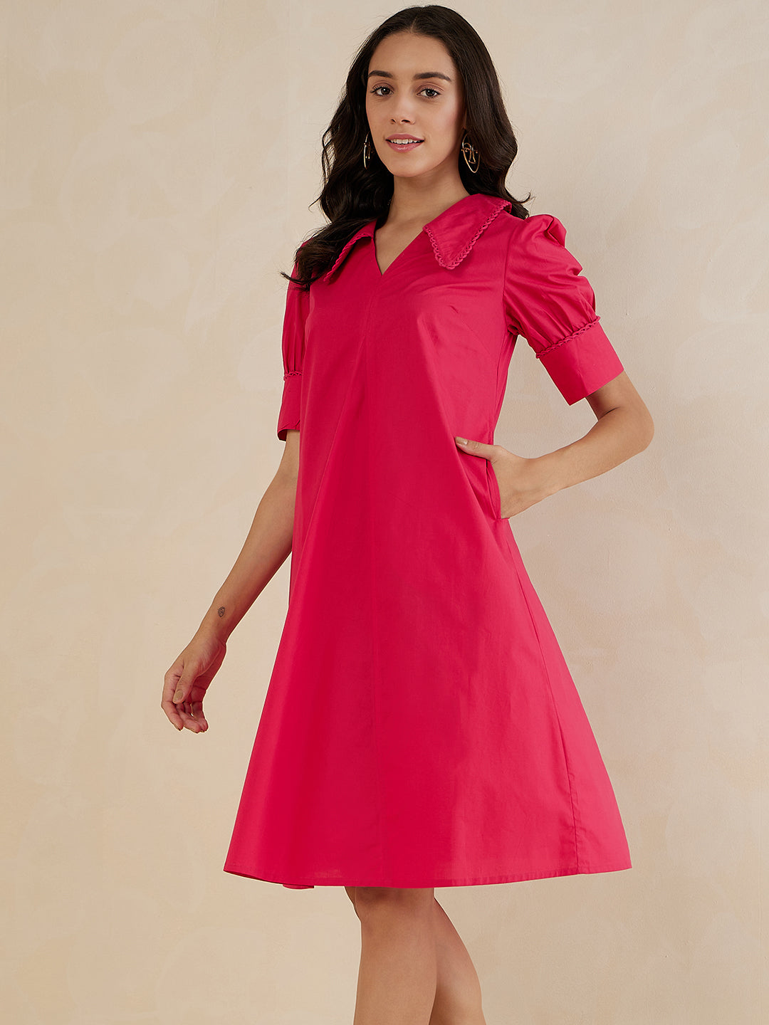 Pink Cotton Poplin V Neck Midi Dress
