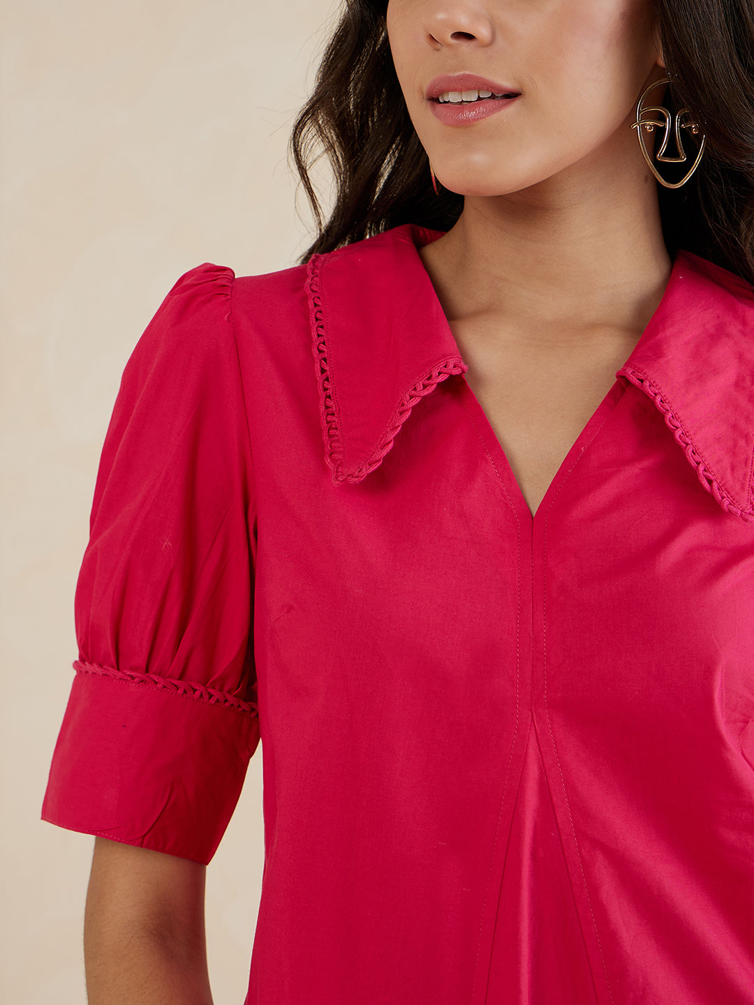 Pink Cotton Poplin V Neck Midi Dress