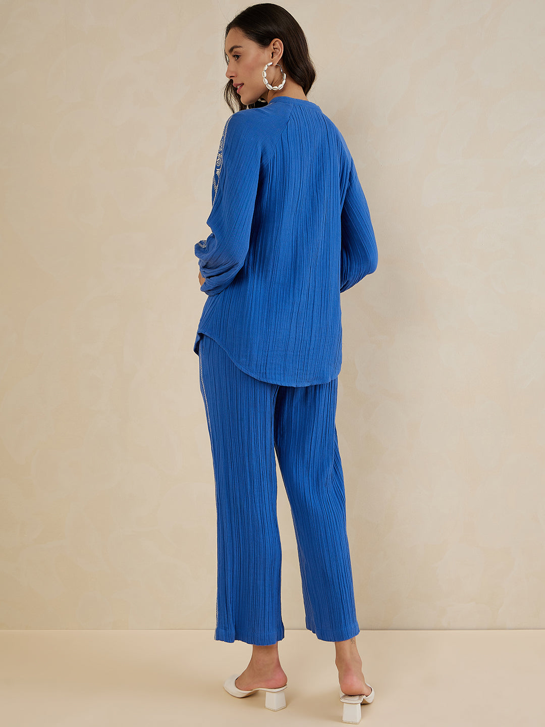 Blue Solid Embroidered Cotton Coord Set
