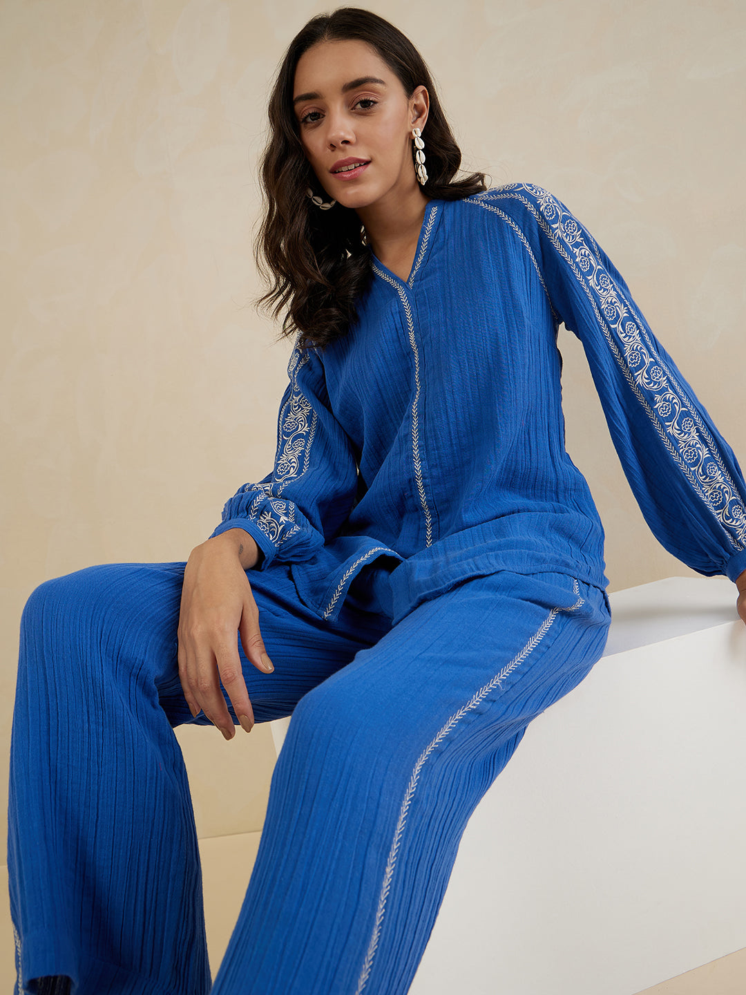 Blue Solid Embroidered Cotton Coord Set