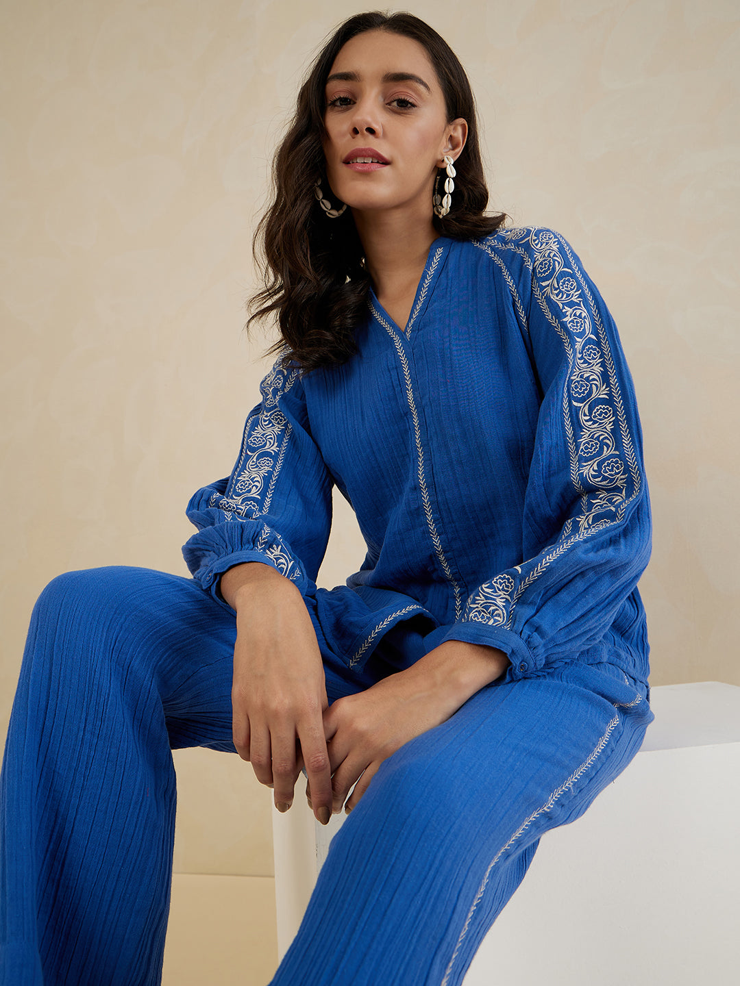 Blue Solid Embroidered Cotton Coord Set