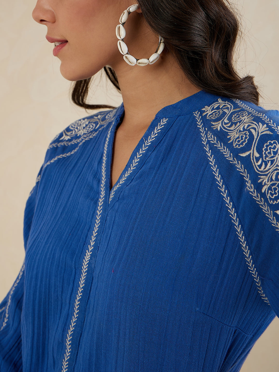 Blue Solid Embroidered Cotton Coord Set