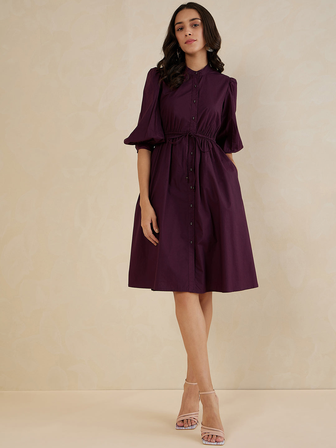 Wine Cotton Poplin Button Down Midi Dress