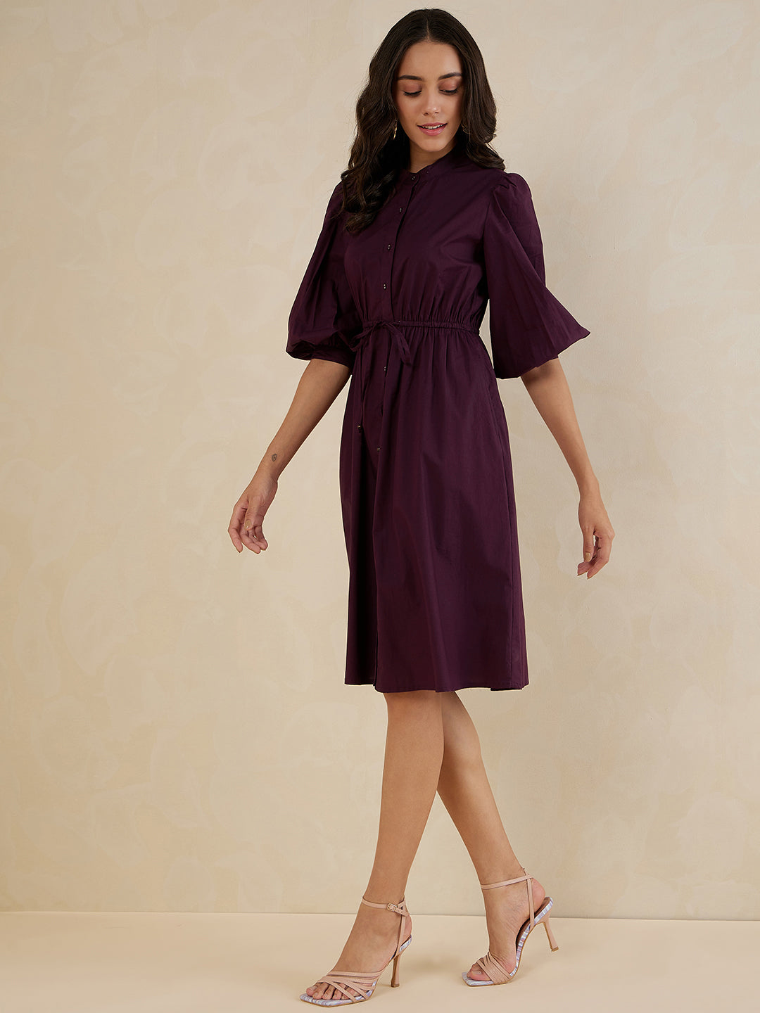 Wine Cotton Poplin Button Down Midi Dress