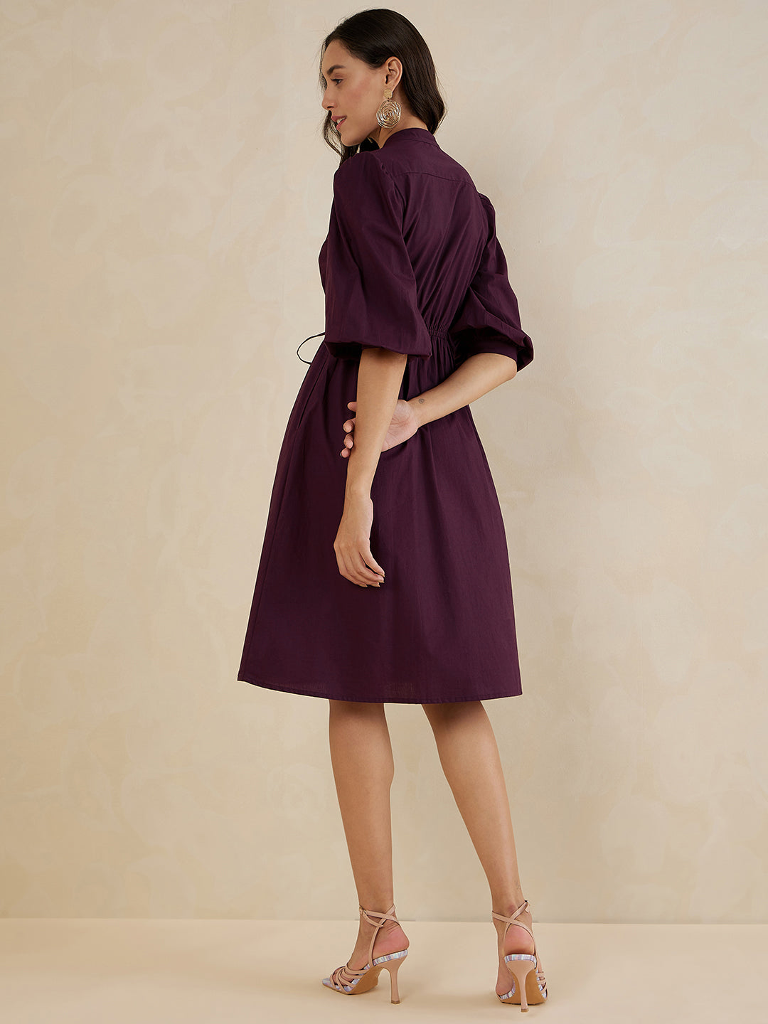 Wine Cotton Poplin Button Down Midi Dress
