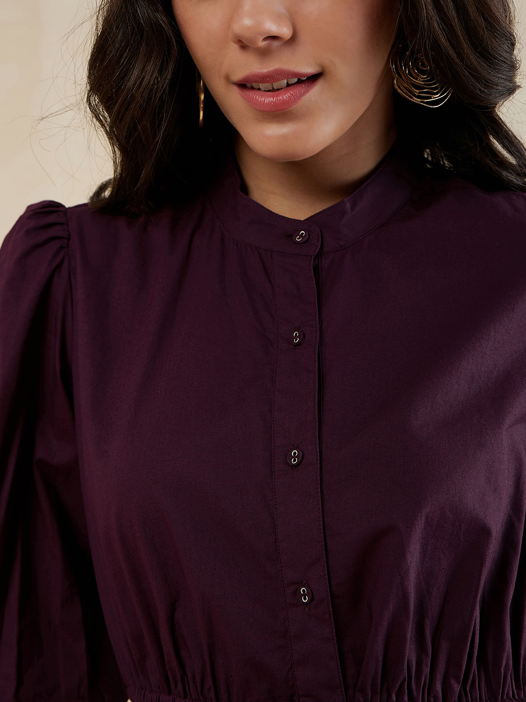 Wine Cotton Poplin Button Down Midi Dress
