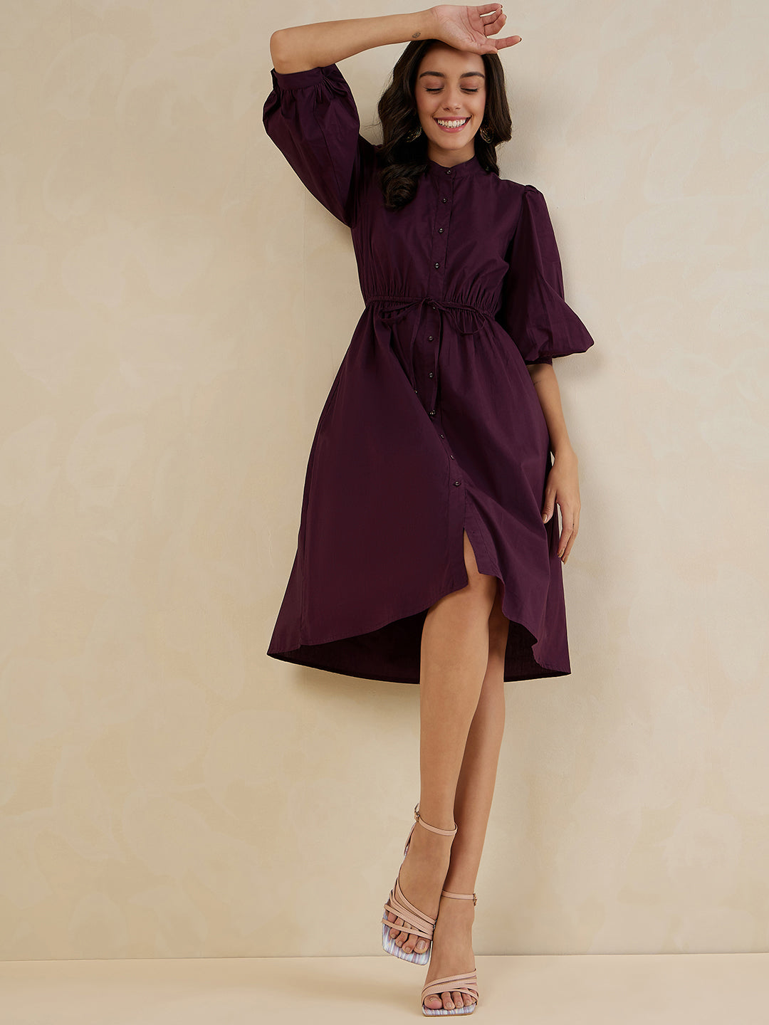 Wine Cotton Poplin Button Down Midi Dress